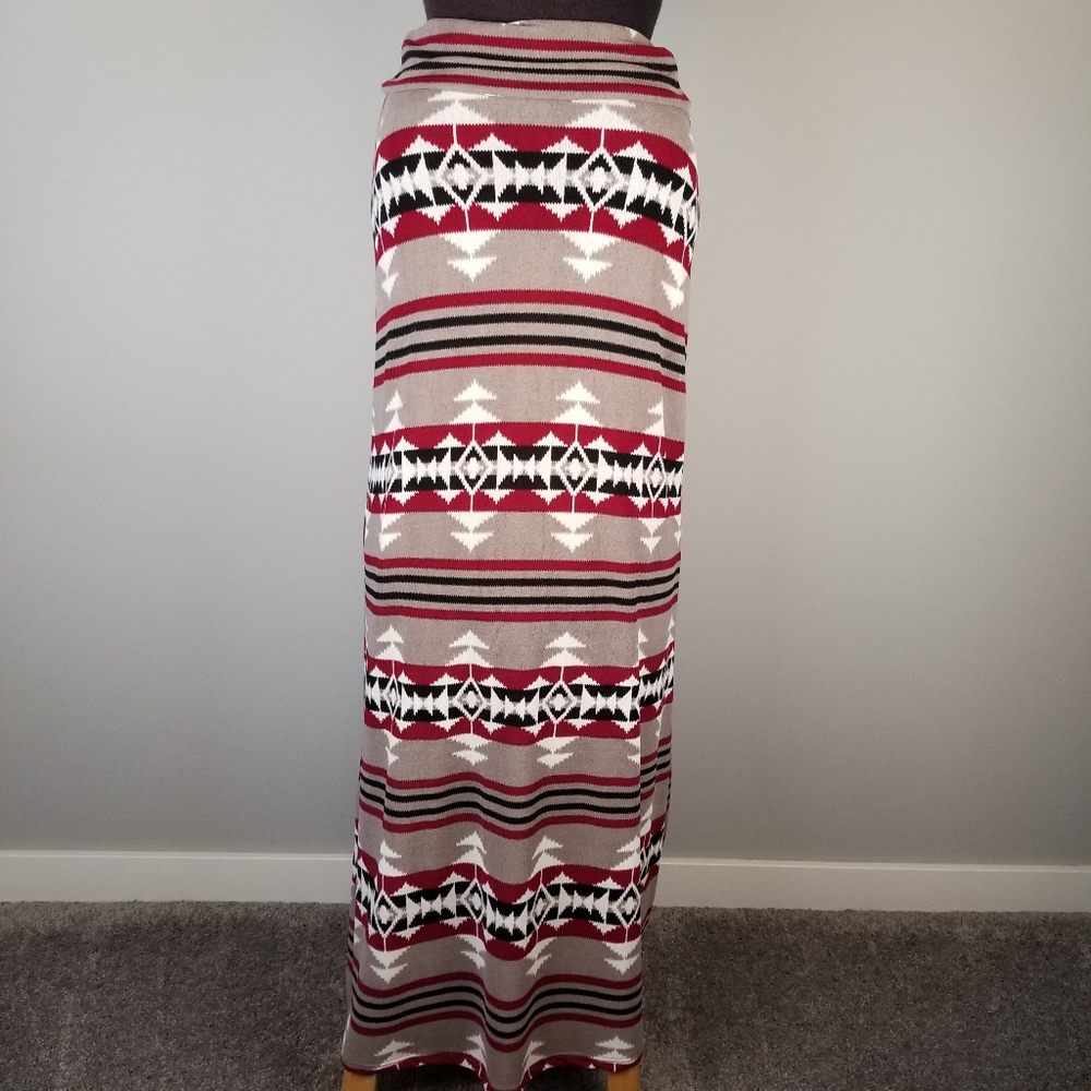 Southwest style red & brown print maxi skirt